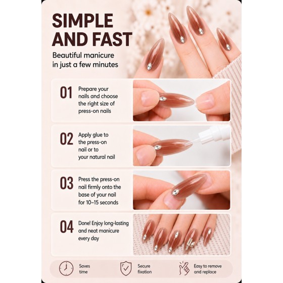 Nude‑Coffee Gradient Long Almond Press‑On Nails, Luxury 3D Rhinestone Elegant Gentle False Nails
